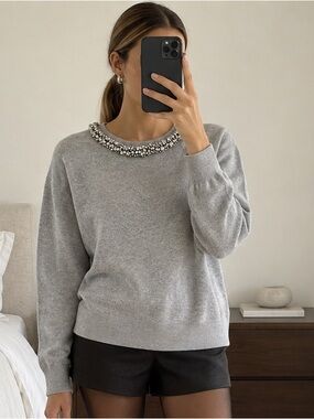 Topshop Grey Embellished Jeweled Neckline Cotton Sweater US 8 Excellent